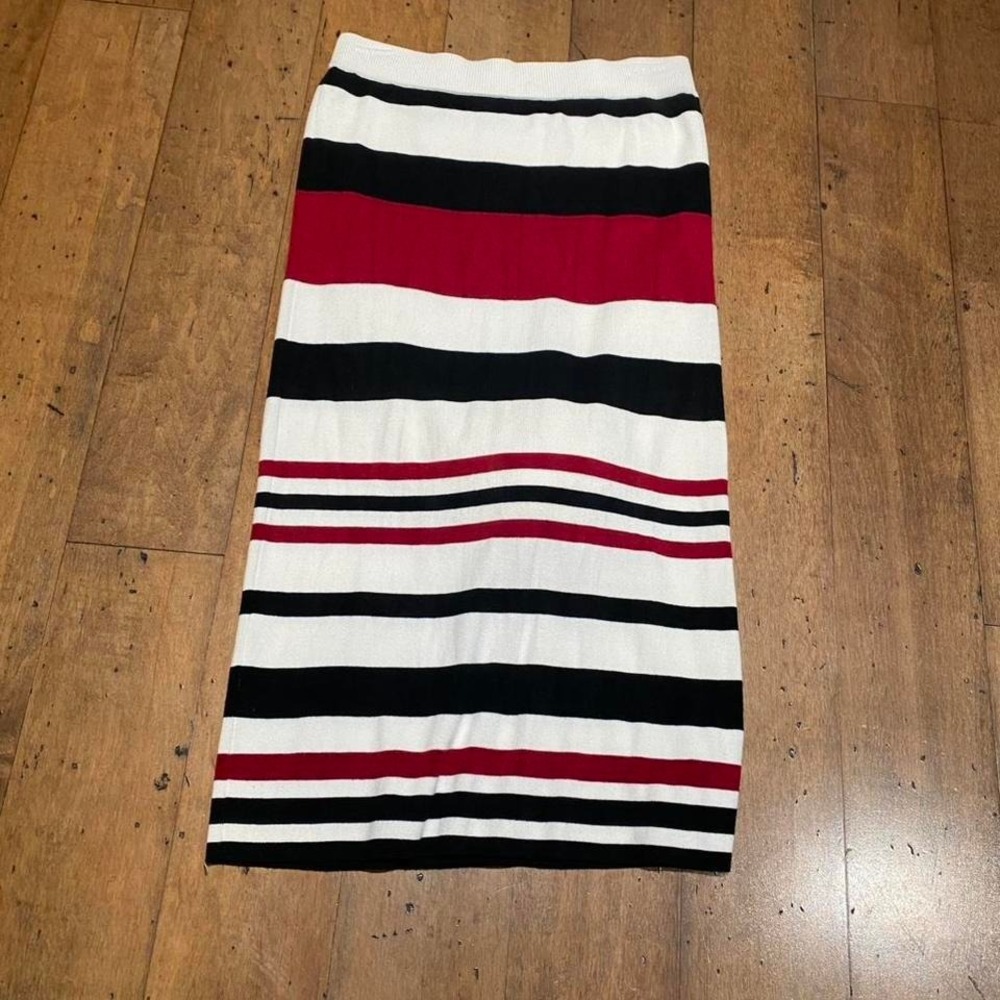 New York & Company Red and white striped maxi skirt with stretchy waistband XS